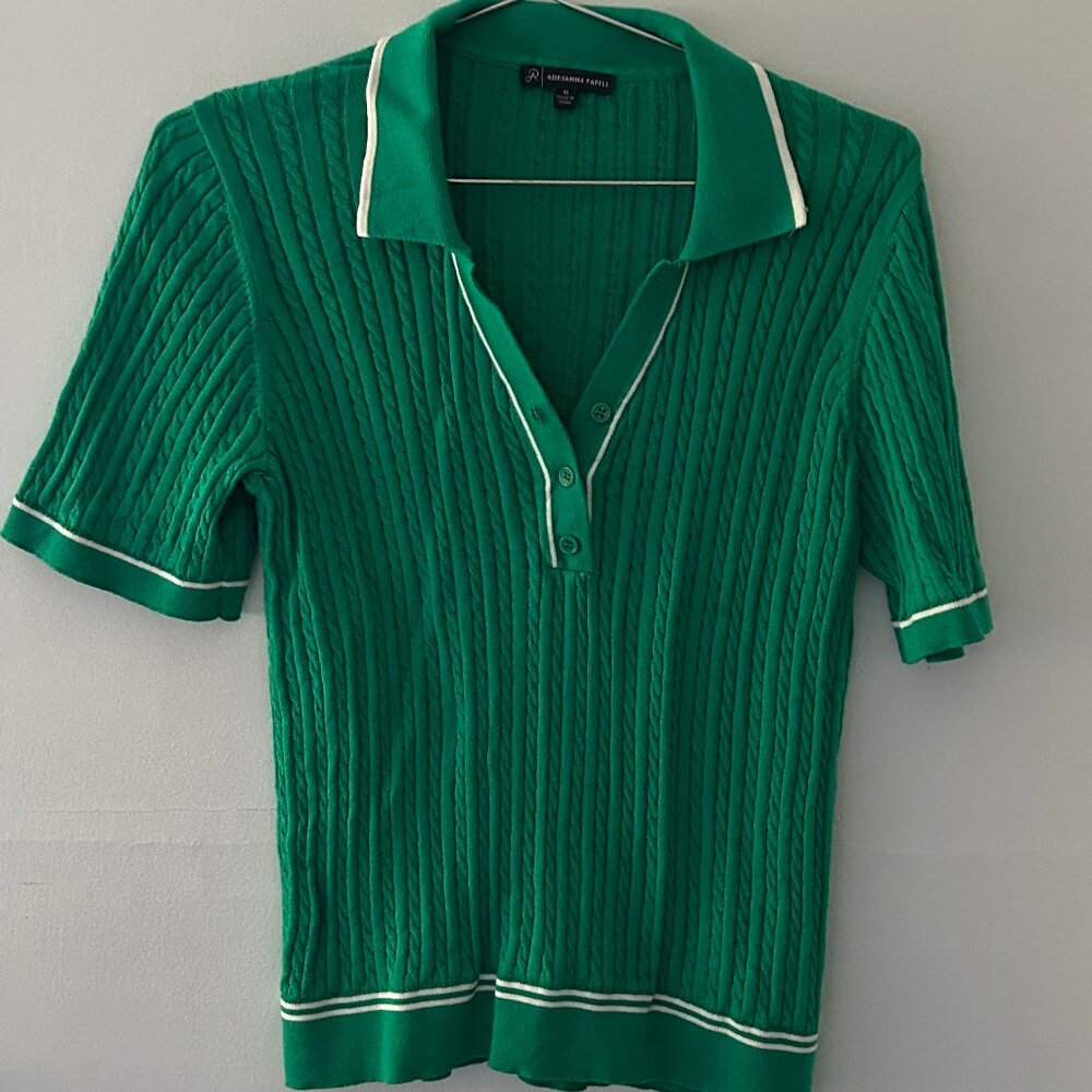 Adrianna Papell Women's Green Split Neck Ribbed Polo Sweater Vintage SZ Medium